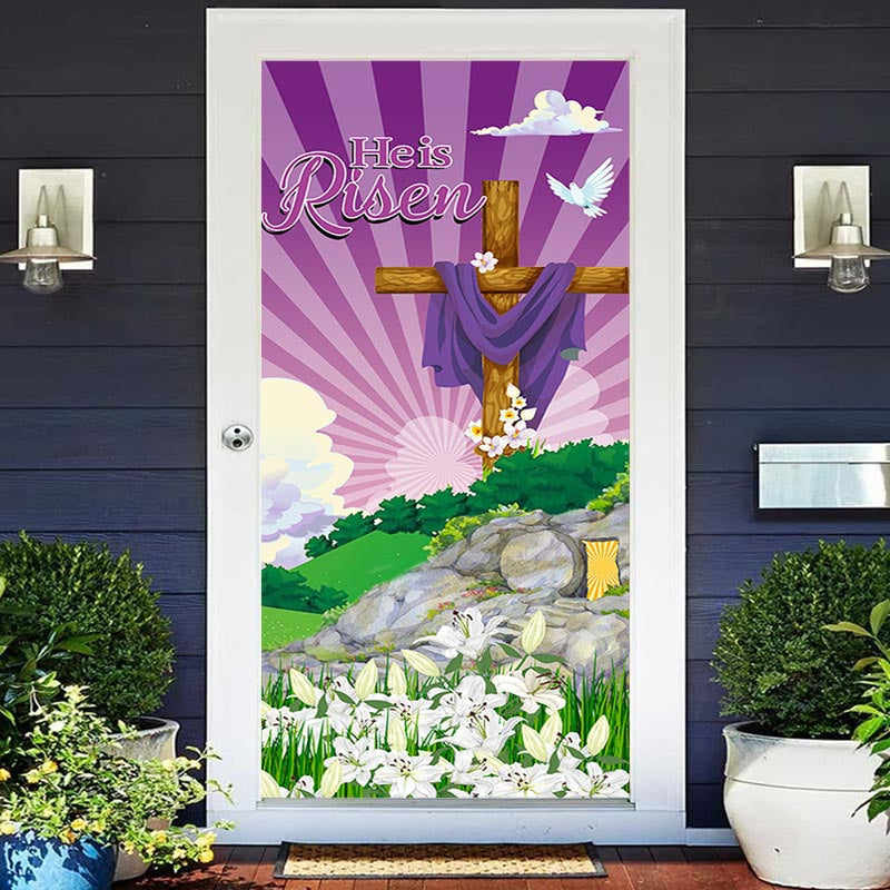 Lofaris He Is Risen Lily Purple Sky Cross Easter Door Cover