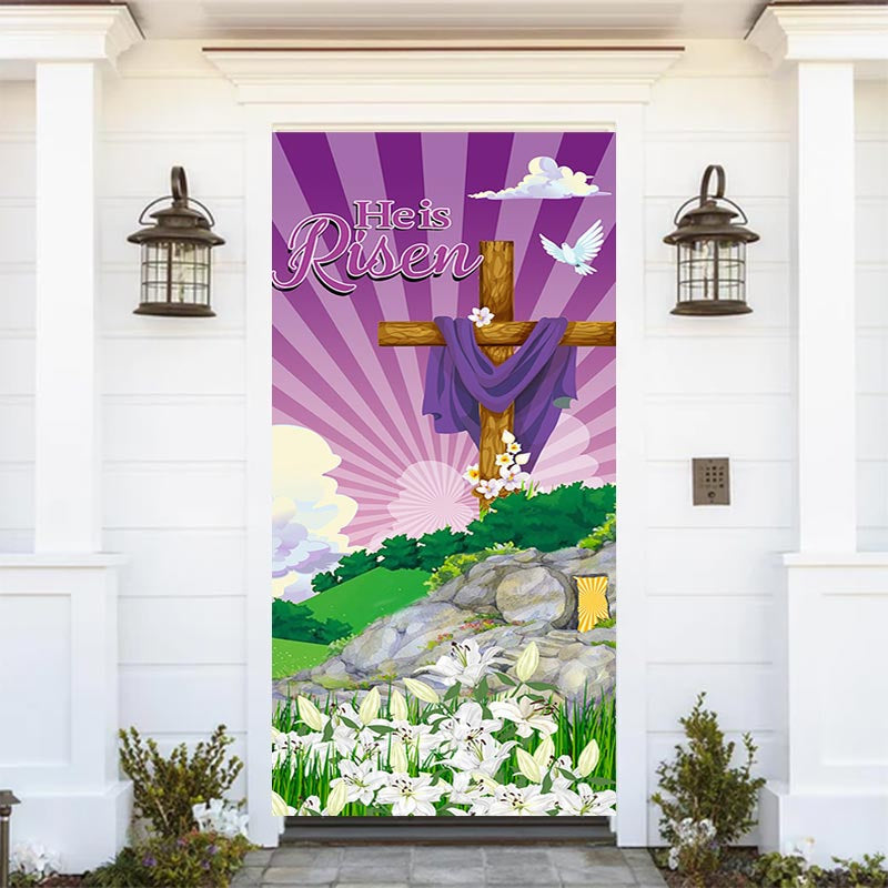 Lofaris He Is Risen Lily Purple Sky Cross Easter Door Cover
