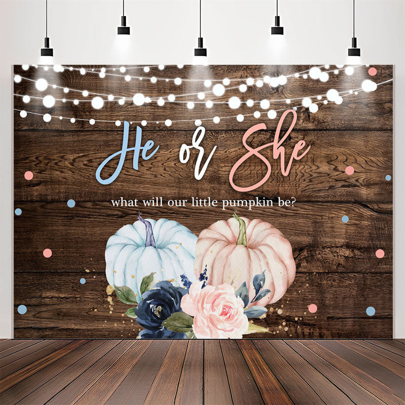 Lofaris He Or She Pumpkin Floral Wood Gender Reveal Backdrop