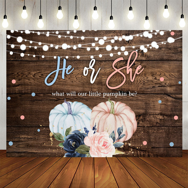 Lofaris He Or She Pumpkin Floral Wood Gender Reveal Backdrop