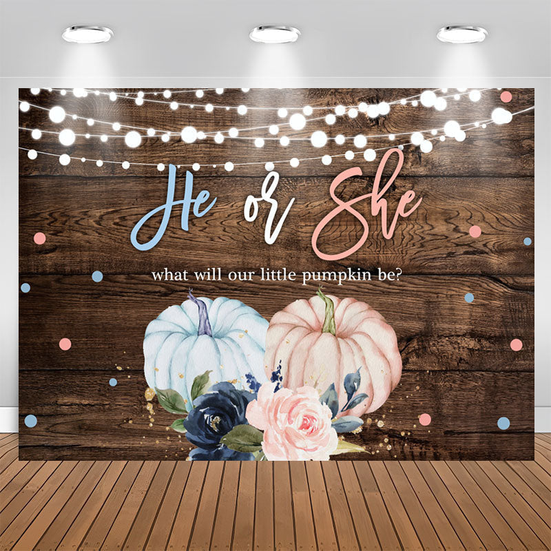 Lofaris He Or She Pumpkin Floral Wood Gender Reveal Backdrop