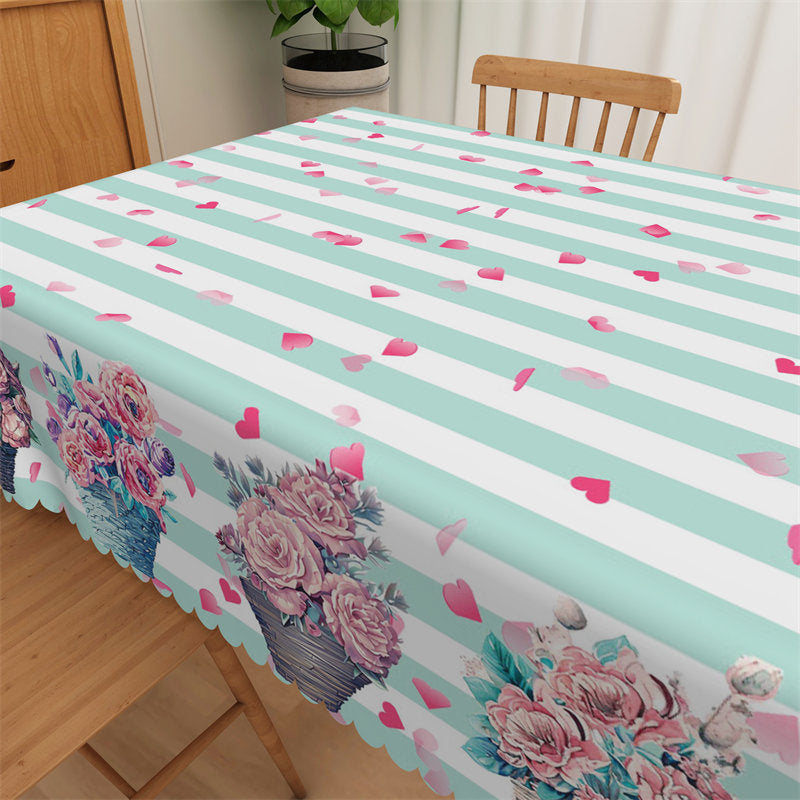 Lofaris Heart Shaped Petals Green Stripes Floral Tablecloth