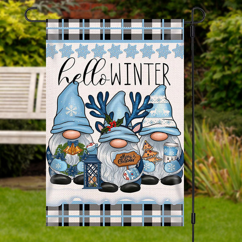 Lofaris Hello Winter Blue Plaid Gnome Christmas Garden Flag