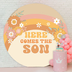 Lofaris Here Comes Son Rainbow Floral Round Baby Shower Backdrop