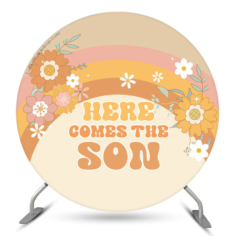 Lofaris Here Comes Son Rainbow Floral Round Baby Shower Backdrop