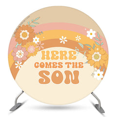 Lofaris Here Comes Son Rainbow Floral Round Baby Shower Backdrop