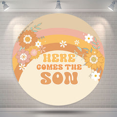 Lofaris Here Comes Son Rainbow Floral Round Baby Shower Backdrop