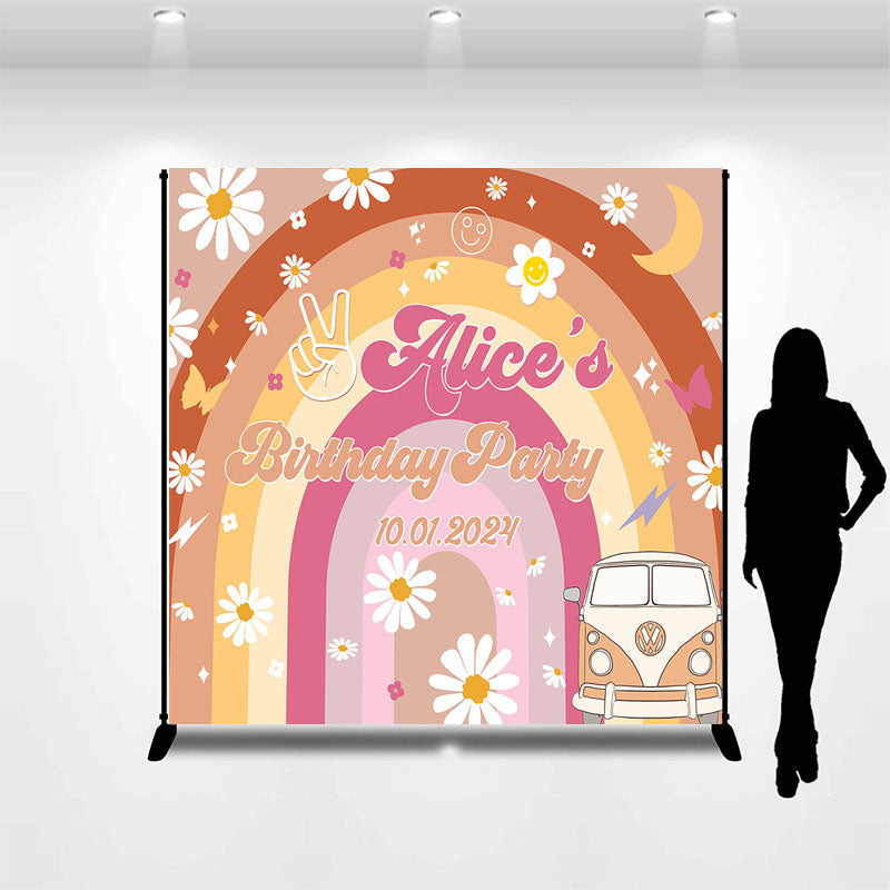 Lofaris Hippie Car Rainbow Flower Custom Birthday Backdrop