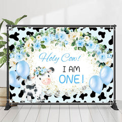 Lofaris Holy Cow Blue Floral Balloon 1st Birthday Backdrop
