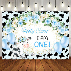 Lofaris Holy Cow Blue Floral Balloon 1st Birthday Backdrop