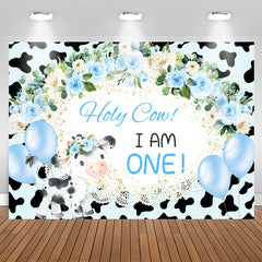 Lofaris Holy Cow Blue Floral Balloon 1st Birthday Backdrop