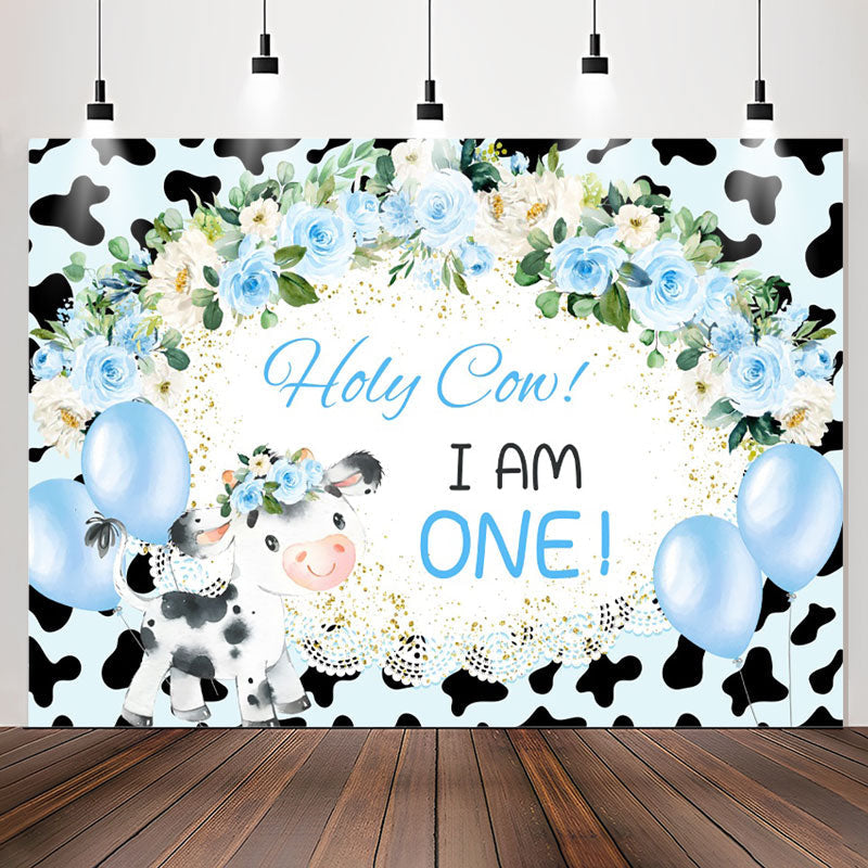 Lofaris Holy Cow Blue Floral Balloon 1st Birthday Backdrop