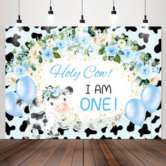 Lofaris Holy Cow Blue Floral Balloon 1st Birthday Backdrop