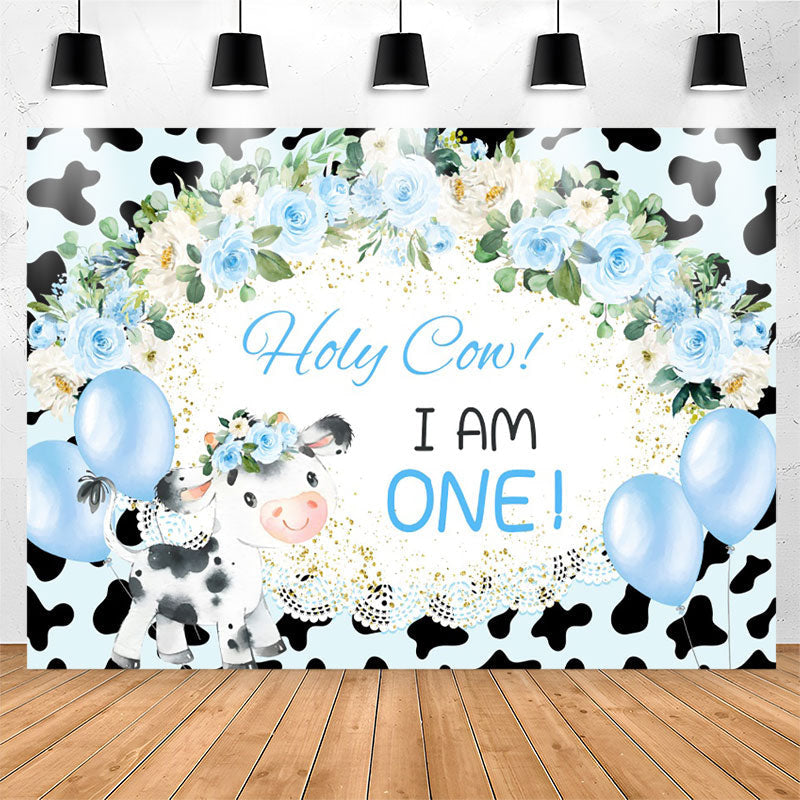 Lofaris Holy Cow Blue Floral Balloon 1st Birthday Backdrop