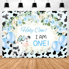 Lofaris Holy Cow Blue Floral Balloon 1st Birthday Backdrop