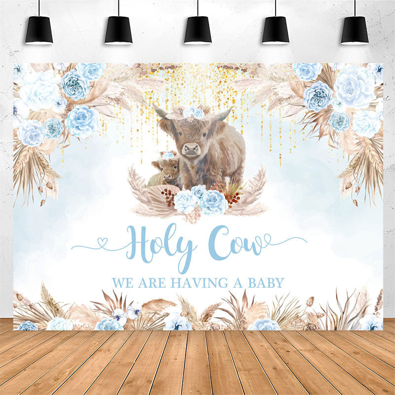 Lofaris Holy Cow Boho Light Blue Flower Baby Shower Backdrop
