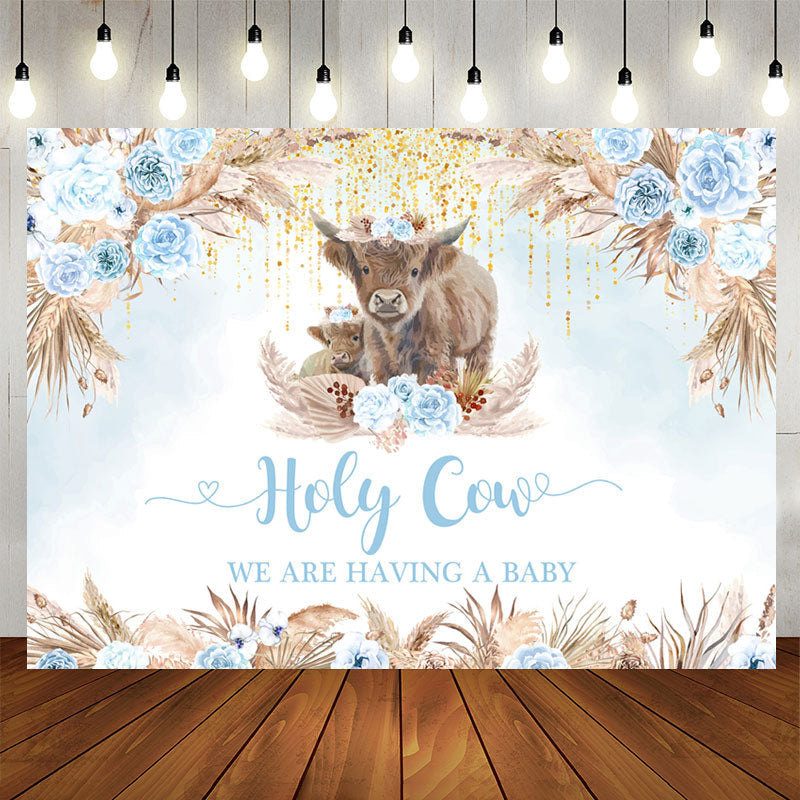 Lofaris Holy Cow Boho Light Blue Flower Baby Shower Backdrop