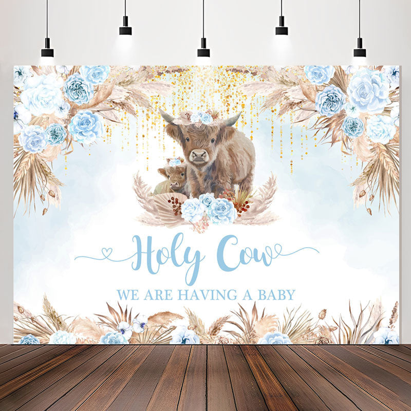 Lofaris Holy Cow Boho Light Blue Flower Baby Shower Backdrop