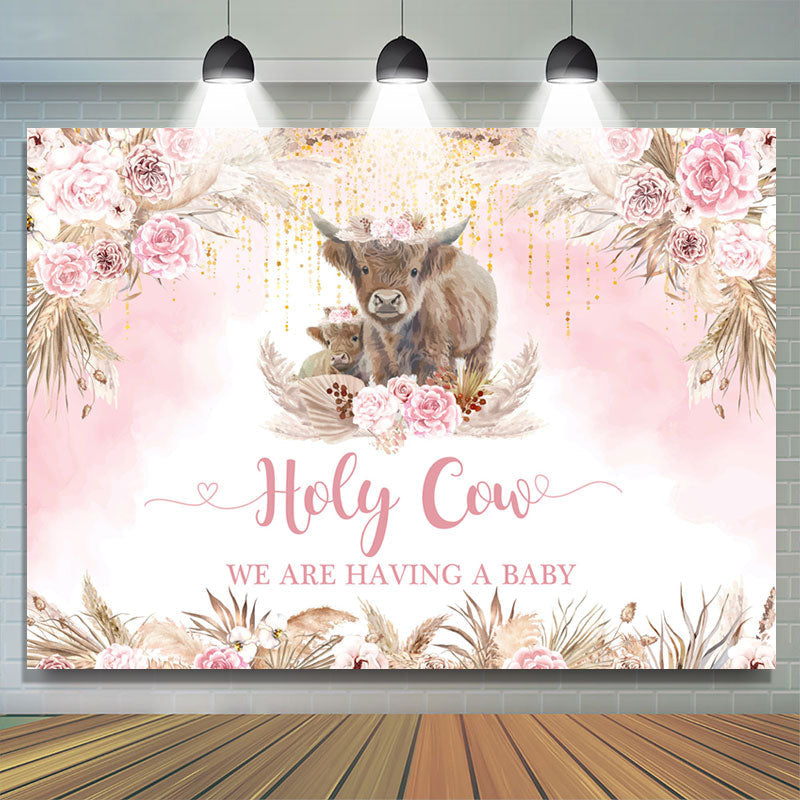 Lofaris Holy Cow Boho Pink Flowers Baby Shower Backdrop