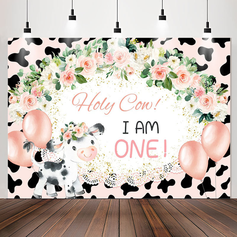 Lofaris Holy Cow I Am One Floral Lace 1st Birthday Backdrop