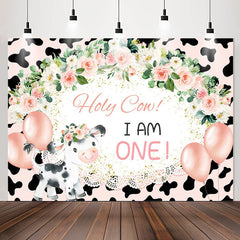 Lofaris Holy Cow I Am One Floral Lace 1st Birthday Backdrop