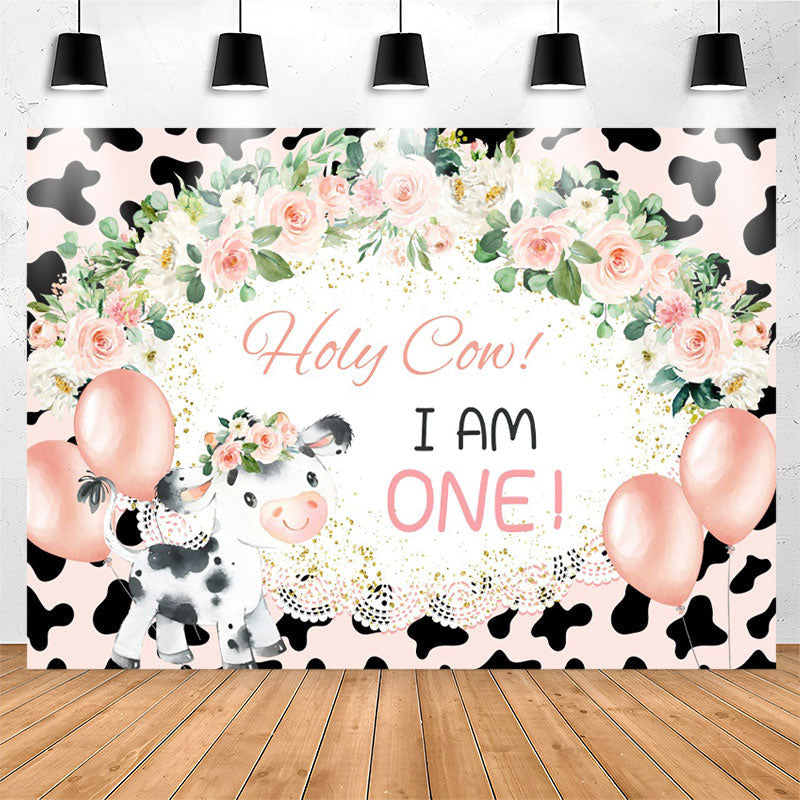 Lofaris Holy Cow I Am One Floral Lace 1st Birthday Backdrop