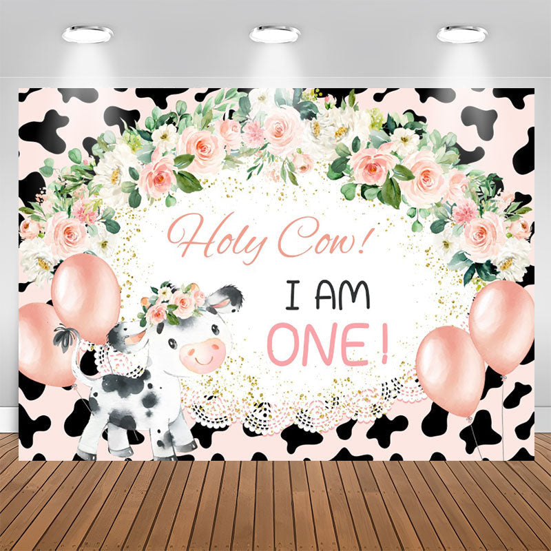 Lofaris Holy Cow I Am One Floral Lace 1st Birthday Backdrop