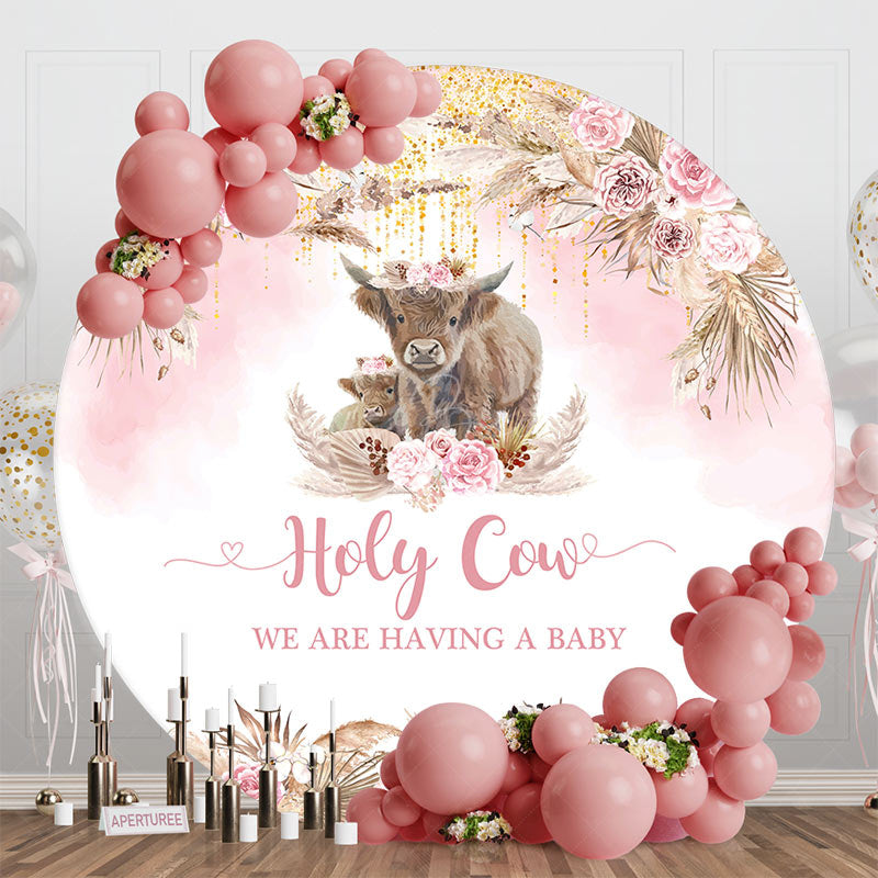 Lofaris Holy Cow Pink Boho Floral Round Baby Shower Backdrop