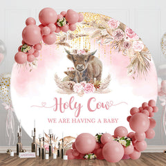Lofaris Holy Cow Pink Boho Floral Round Baby Shower Backdrop