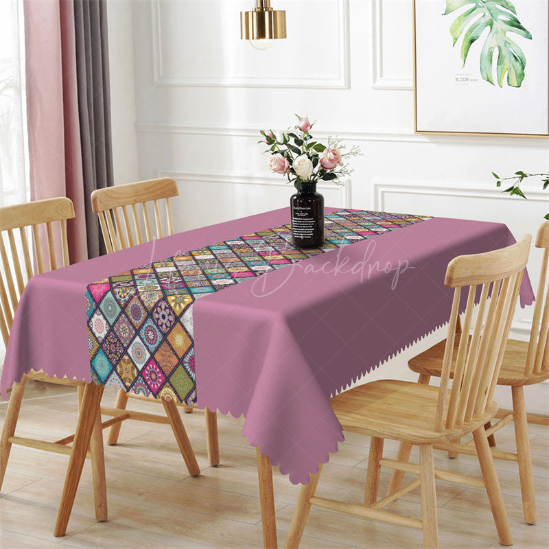 Lofaris Home Boho Ethnic Plaid Purple Rectangle Tablecloth