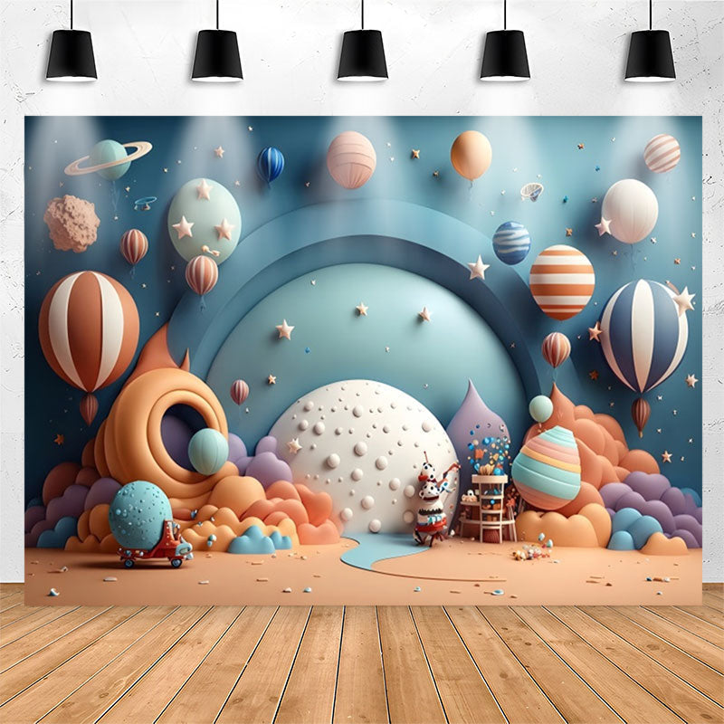 Lofaris Hot Air Balloon Blue Planet Star Birthday Backdrop