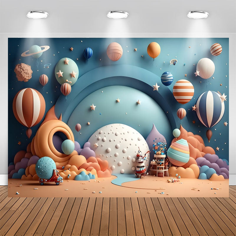 Lofaris Hot Air Balloon Blue Planet Star Birthday Backdrop