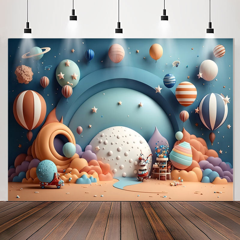Lofaris Hot Air Balloon Blue Planet Star Birthday Backdrop