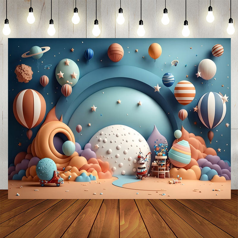 Lofaris Hot Air Balloon Blue Planet Star Birthday Backdrop