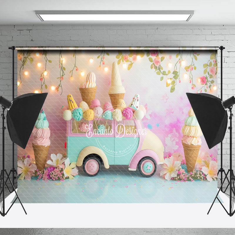 Lofaris Ice Cream Car Floral Light Bokeh Cake Smash Backdrop