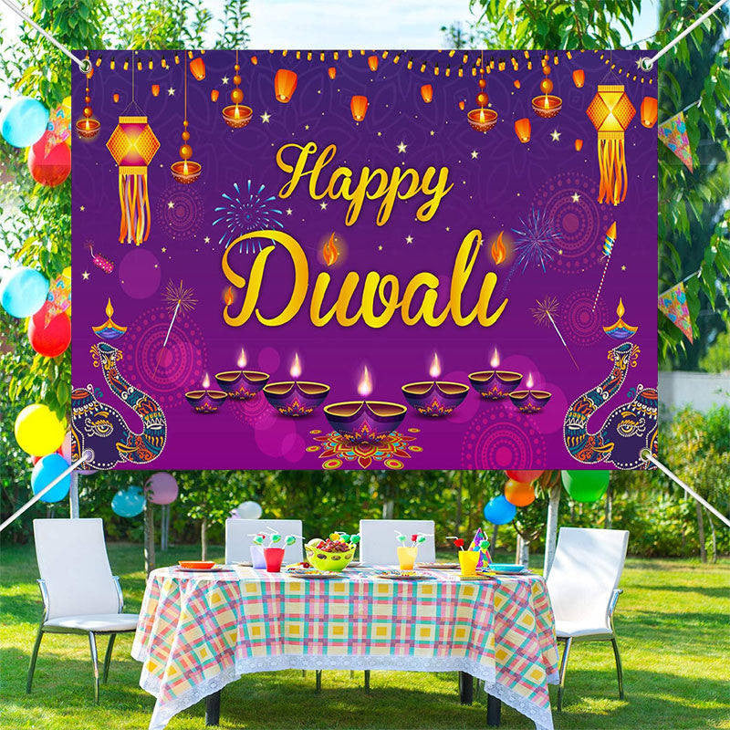 Lofaris Indian Lights Elephant Purple Happy Diwali Backdrop