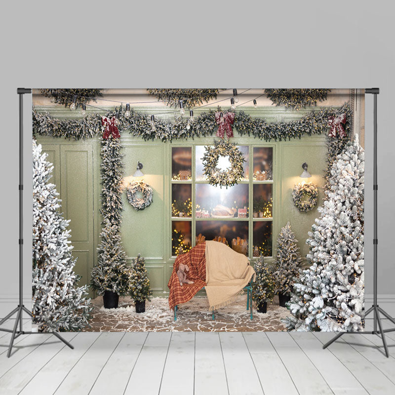 Lofaris Indoor Trees Green Door Window Wreath Christmas Backdrop