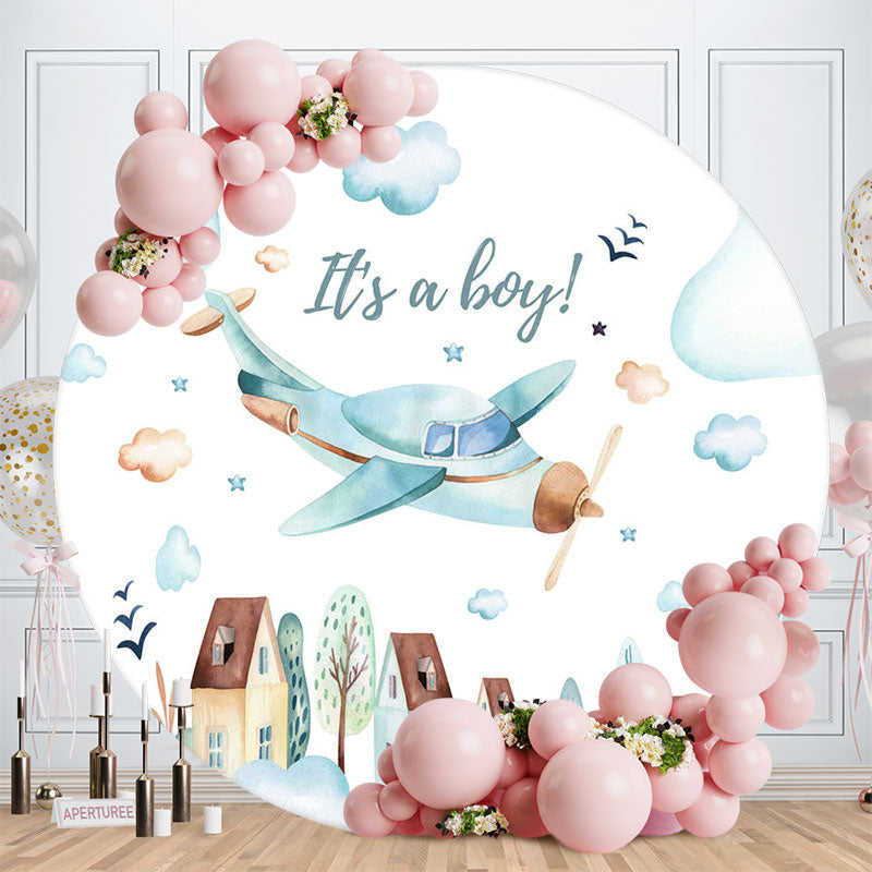 Lofaris It Is A Boy Airplane Round Baby Shower Backdrop