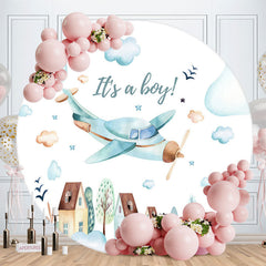 Lofaris It Is A Boy Airplane Round Baby Shower Backdrop