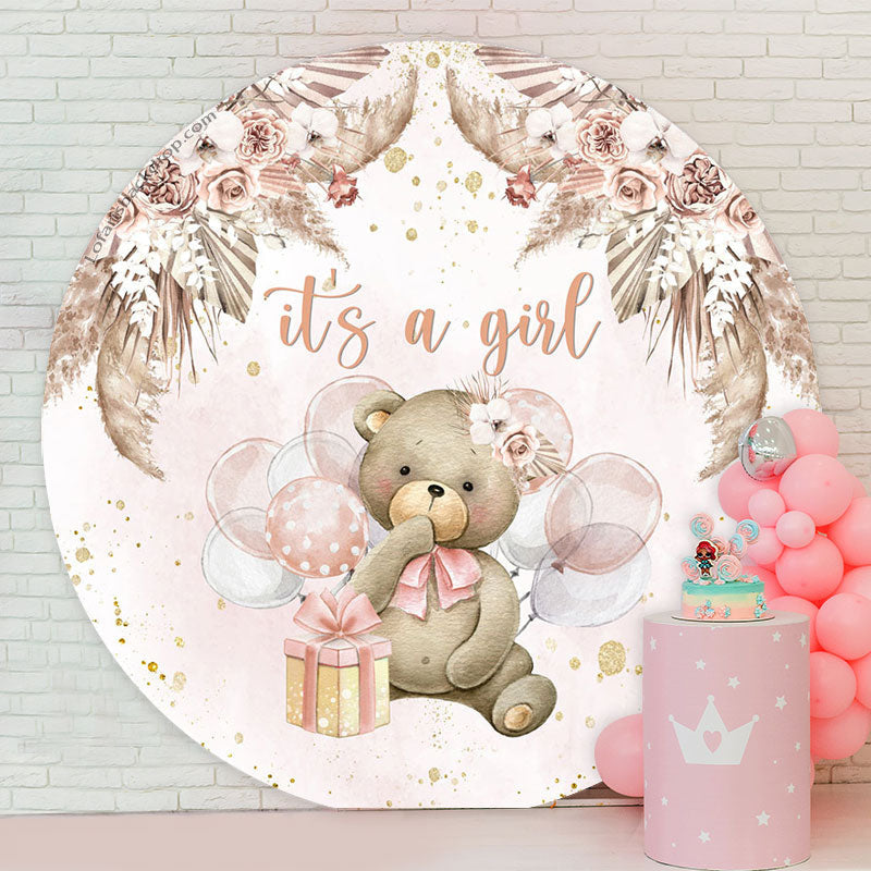 Lofaris Its A Girl Bear Balloon Baby Shower Round Backdrop