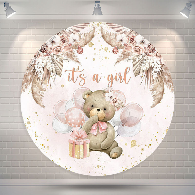 Lofaris Its A Girl Bear Balloon Baby Shower Round Backdrop
