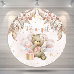 Lofaris Its A Girl Bear Balloon Baby Shower Round Backdrop