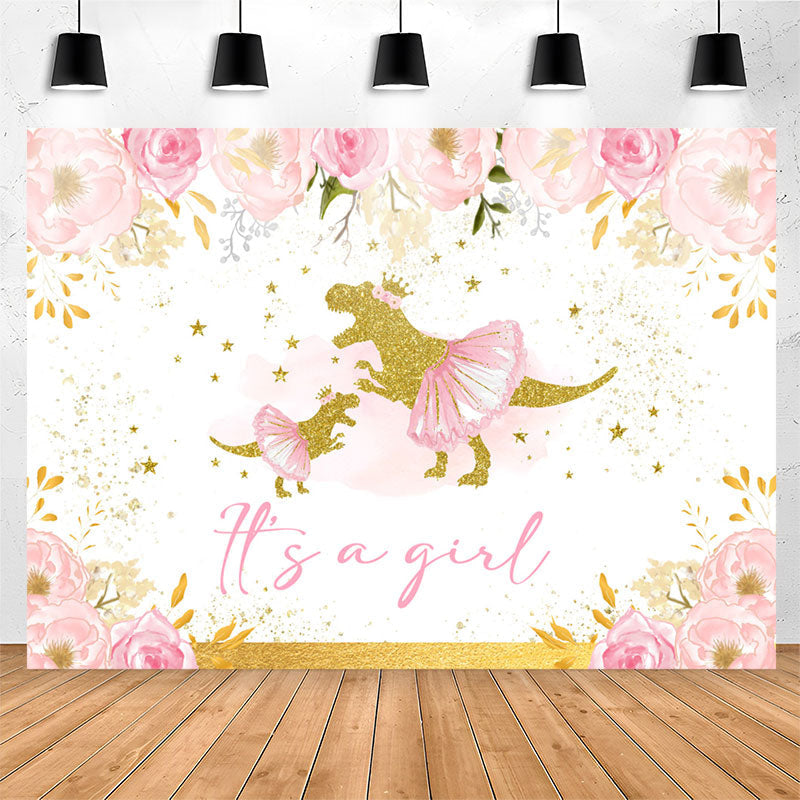 Lofaris Its A Girl Pink Floral Dinosaur Baby Shower Backdrop