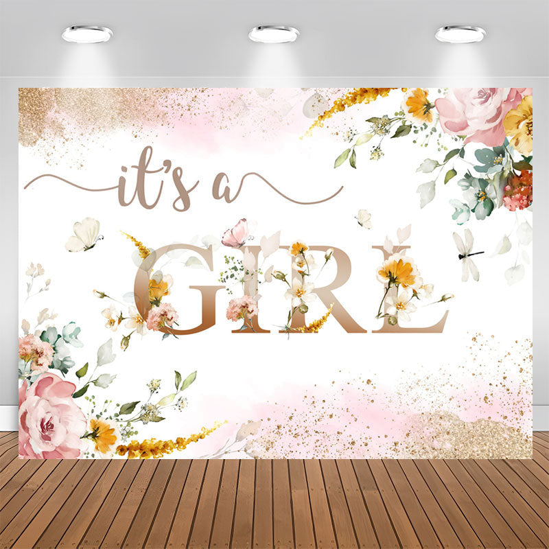 Lofaris Its A Girl Pink Flowers Sequin Baby Shower Backdrop