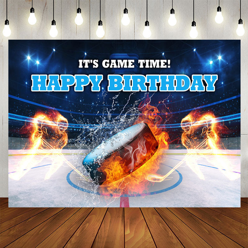 Lofaris Its Game Time Puck Sports Happy Birthday Backdrop