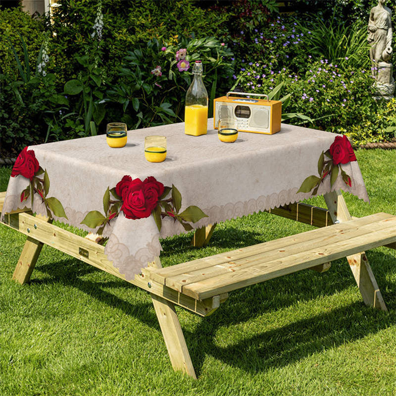 Lofaris Ivory Red Flower Rectangle Tablecloth for Restaurant