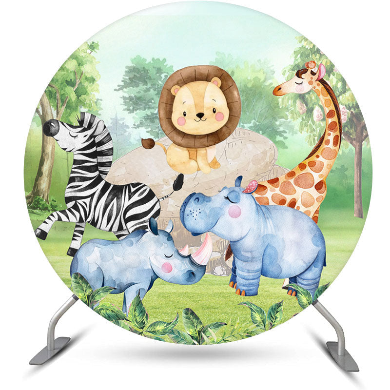 Lofaris Jungle Animals And Green Forest Round Birthday Backdrop Kit