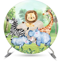 Lofaris Jungle Animals And Green Forest Round Birthday Backdrop Kit