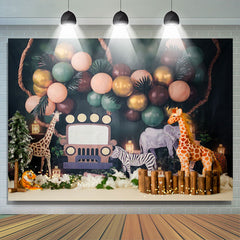 Lofaris Jungle Forest Animals Green Cake Smash Backdrop