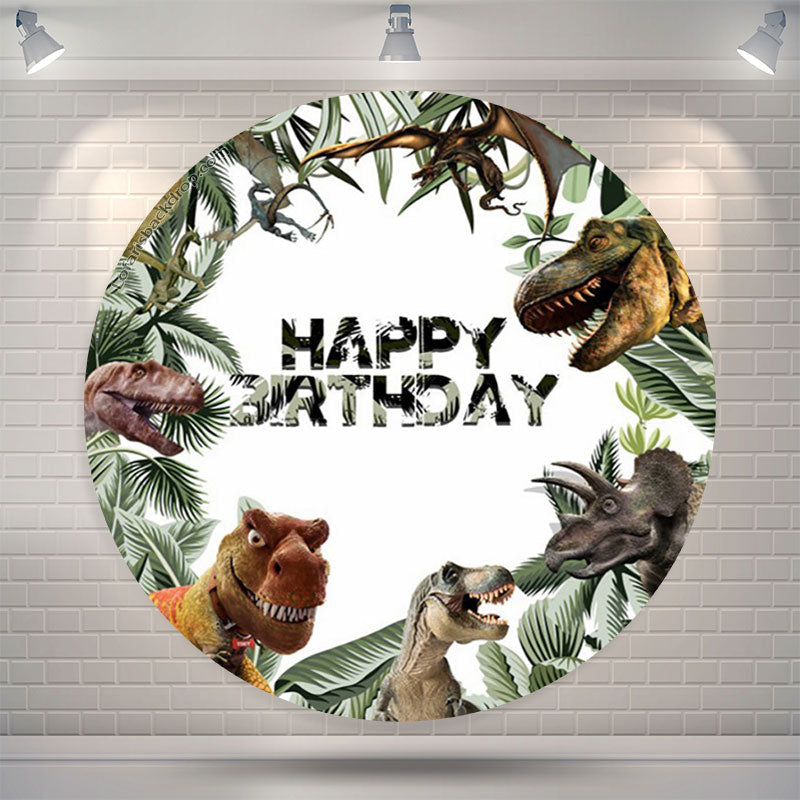 Lofaris Jungle Leaves And Dinosaurs Round Birthday Backdrop